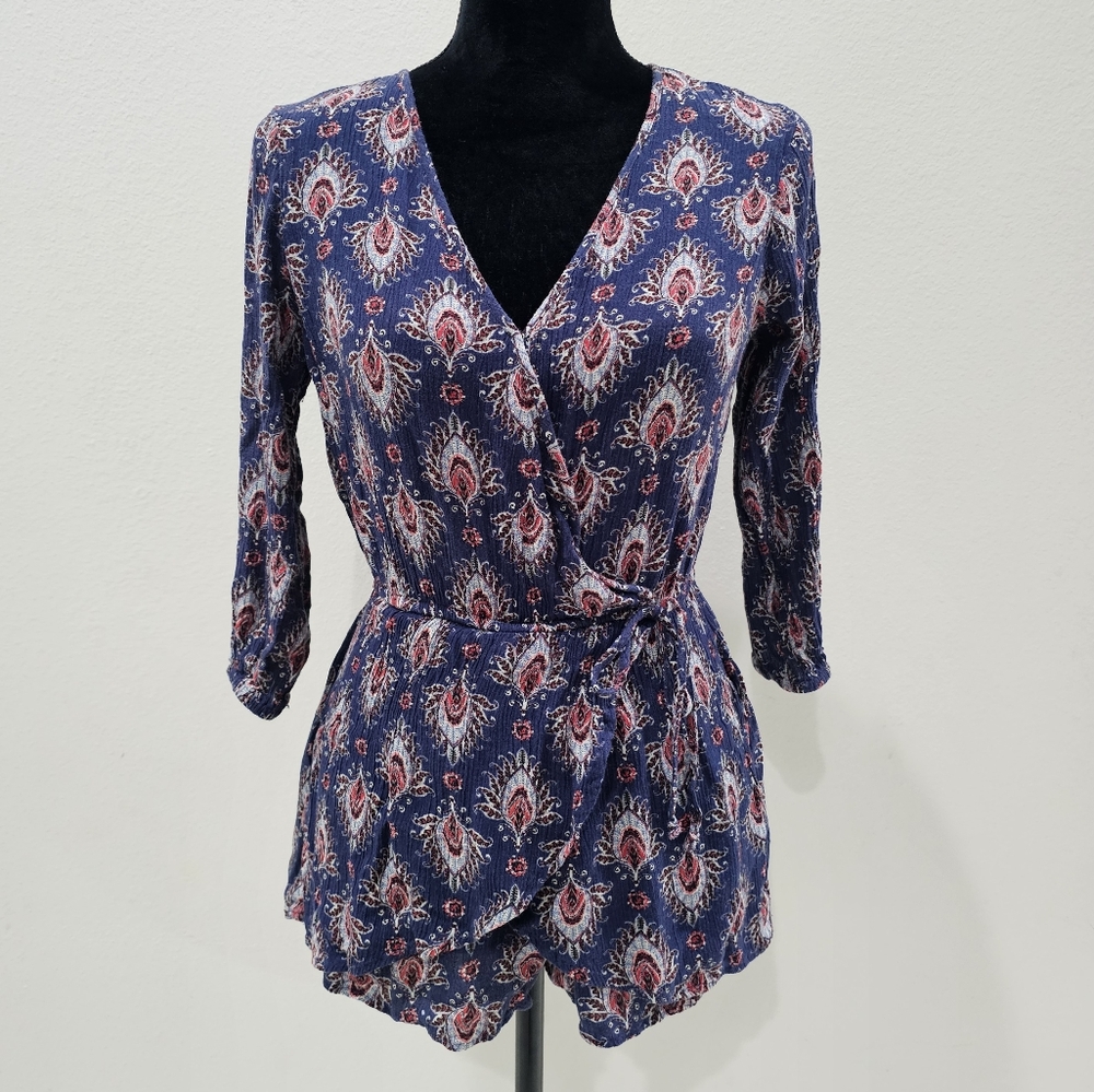 Band Of Gypsies Blue Peacock Feather/ Paisley Print Flowy Romper